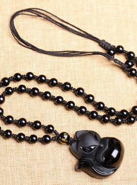 磨砂黑曜石小狐狸本命佛水晶吊坠