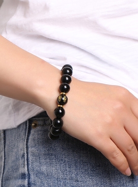 黑曜石六字真言红玛瑙单圈手串