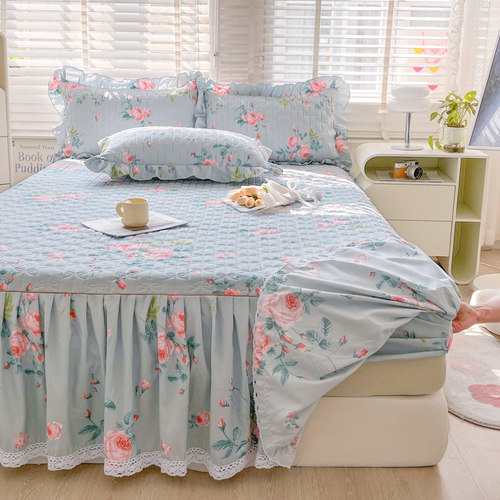 田园风小碎花夹棉床笠式床裙二合一单件花边床罩全包防滑四季通用 - 图0