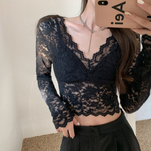 性感v领蕾丝打底衫女士2022年新款春秋季短款内搭长袖小衫上衣潮 - 图2