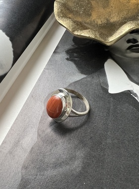 红玛瑙戒指红玉髓戒指设计师品牌银饰925纯银戒指16号圈古董首饰
