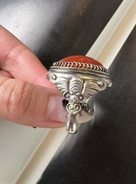 980纯银柿子红玛瑙戒指古董首饰