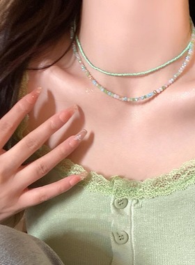 六一送女友夏日绿色薄荷曼波海边多巴胺叠戴颈链串珠配饰锁骨双层