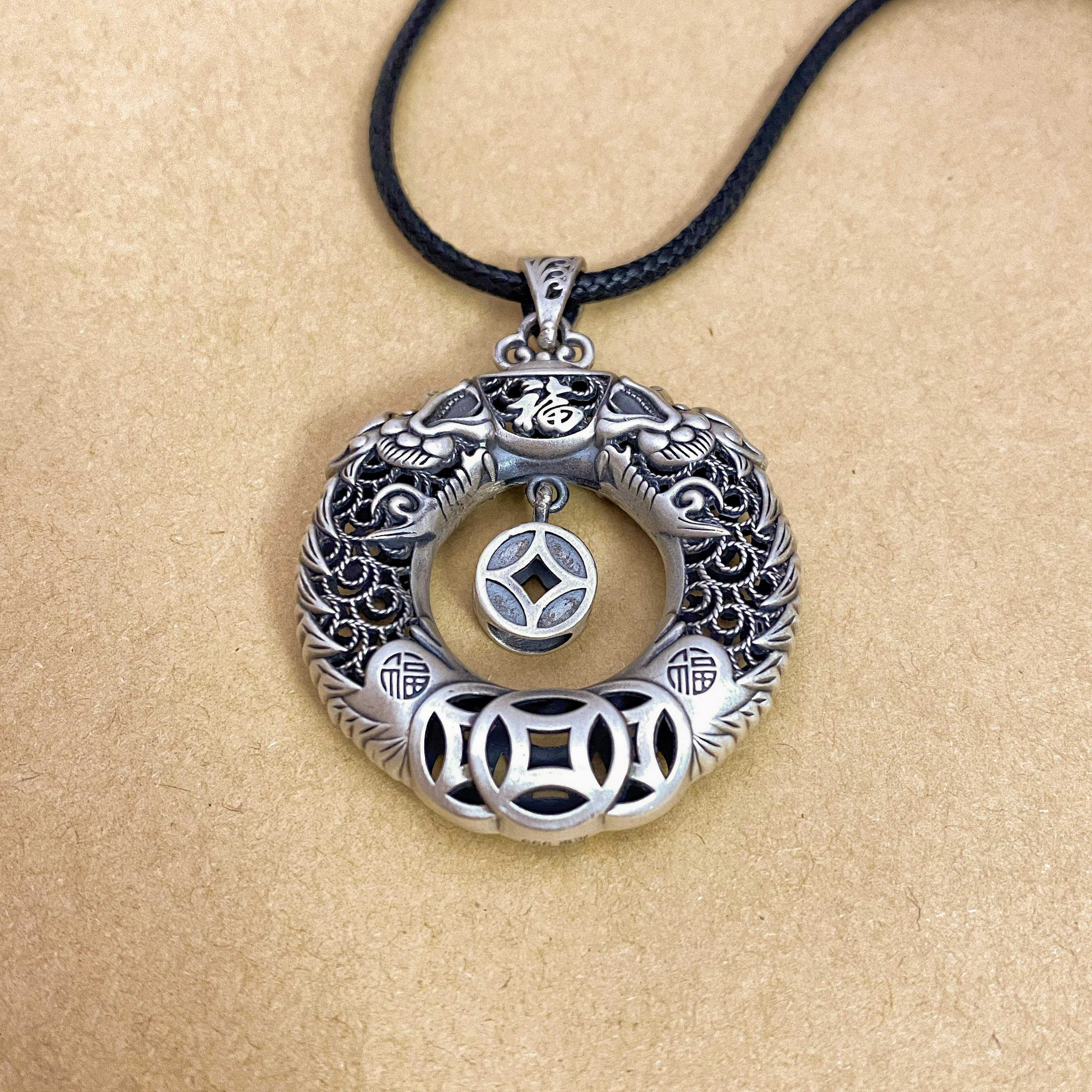 纯银999双龙平安扣吊坠复古民族风项链毛衣链男士女款银饰挂件,淘宝优惠券,粉丝福利购,淘宝优惠卷