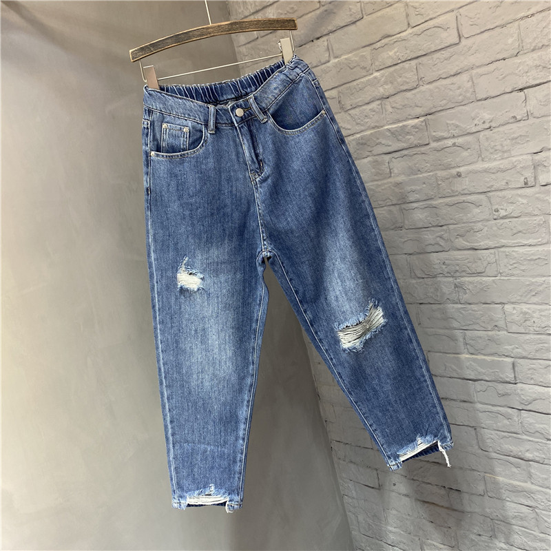 300斤特大码女装胖mm松紧腰牛仔裤女破洞宽松显瘦百搭哈伦九分裤,淘宝优惠券,粉丝福利购,淘宝优惠卷
