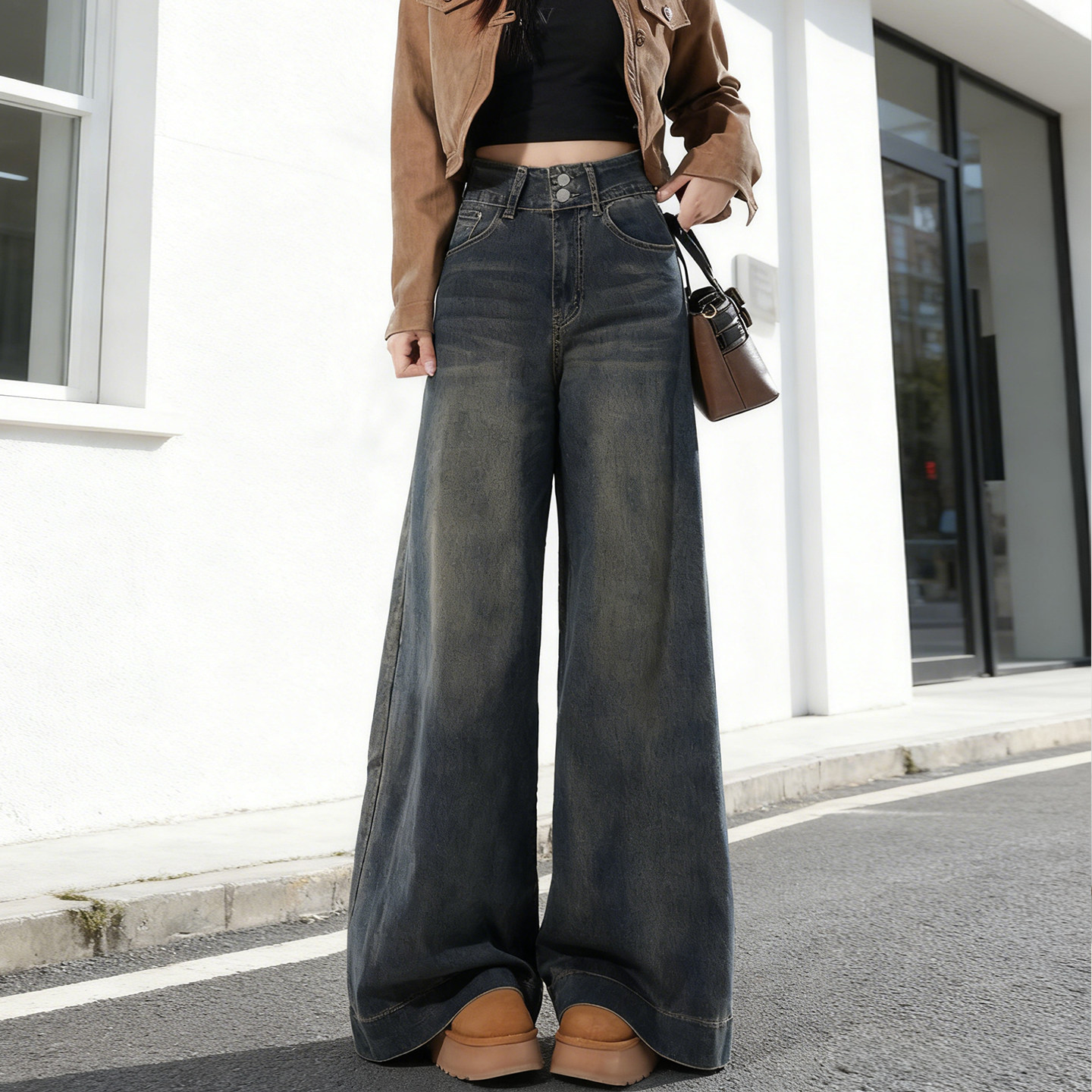 大码胖mm复古高腰阔腿牛仔裤女加绒加厚宽松梨形身材拖地马蹄裤子,淘宝优惠券,粉丝福利购,淘宝优惠卷