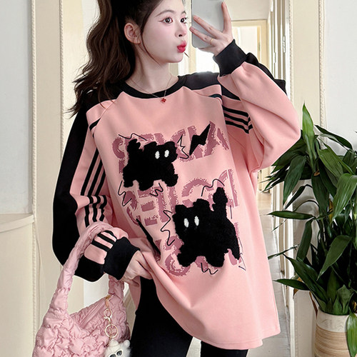 300斤胖mm大码慵懒风卡通刺绣长袖卫衣女秋季宽松设计感休闲上衣 - 图2