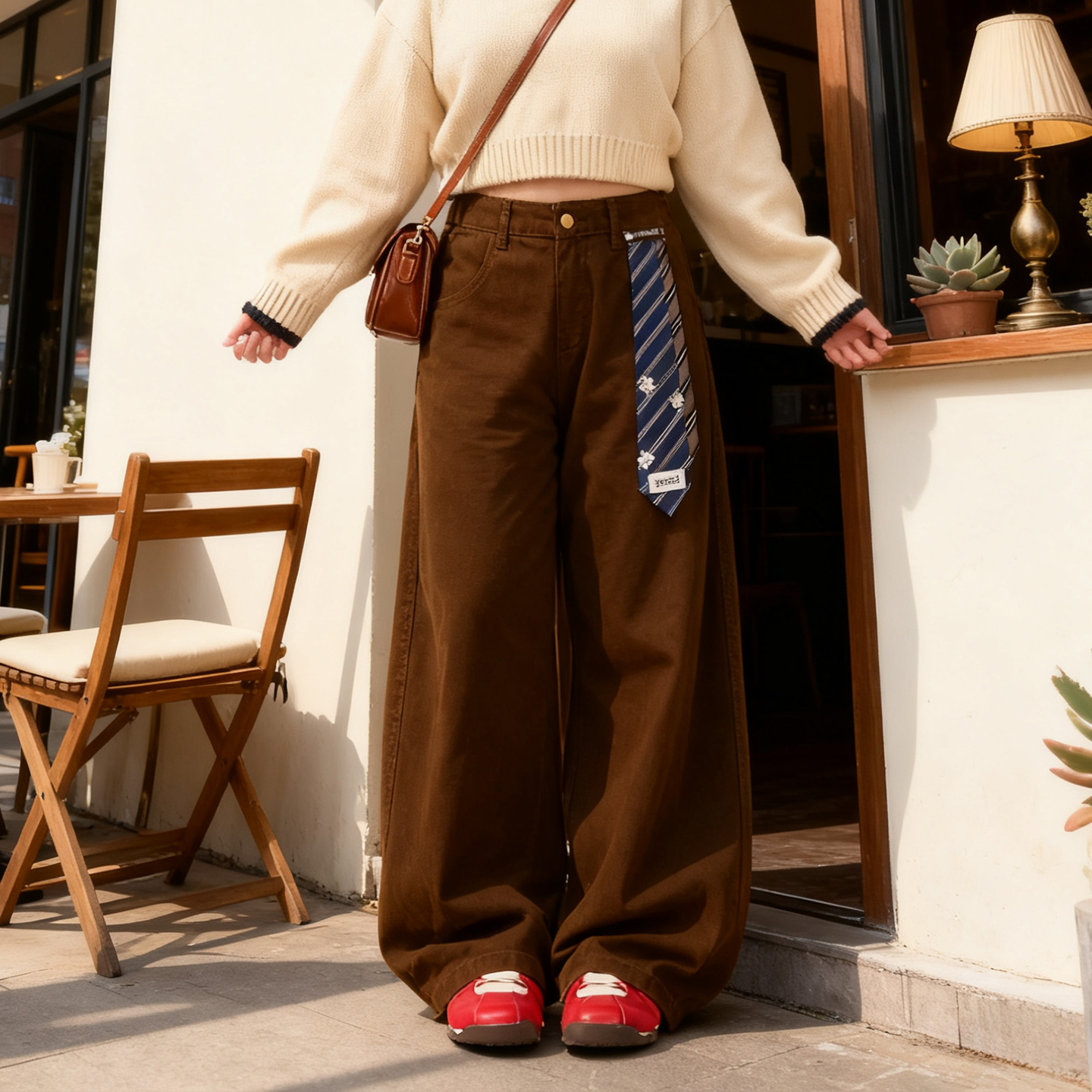 大码女装胖mm复古领带拼接弯刀阔腿裤女黑色显瘦宽松垂感工装裤子 - 图2