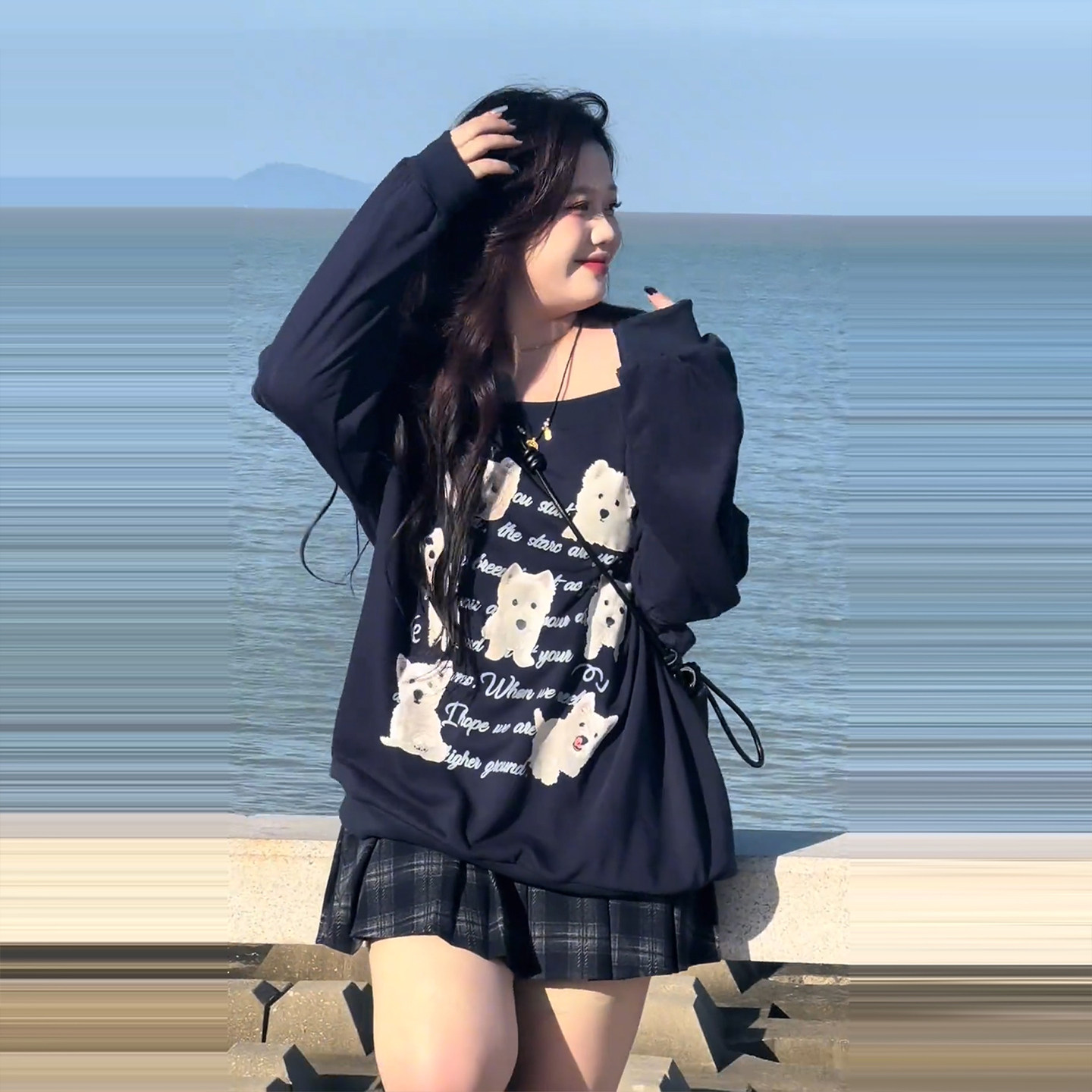 300斤大码胖mm秋冬季卡通小狗印花露肩长袖T恤女宽松显瘦遮肉上衣,淘宝优惠券,粉丝福利购,淘宝优惠卷