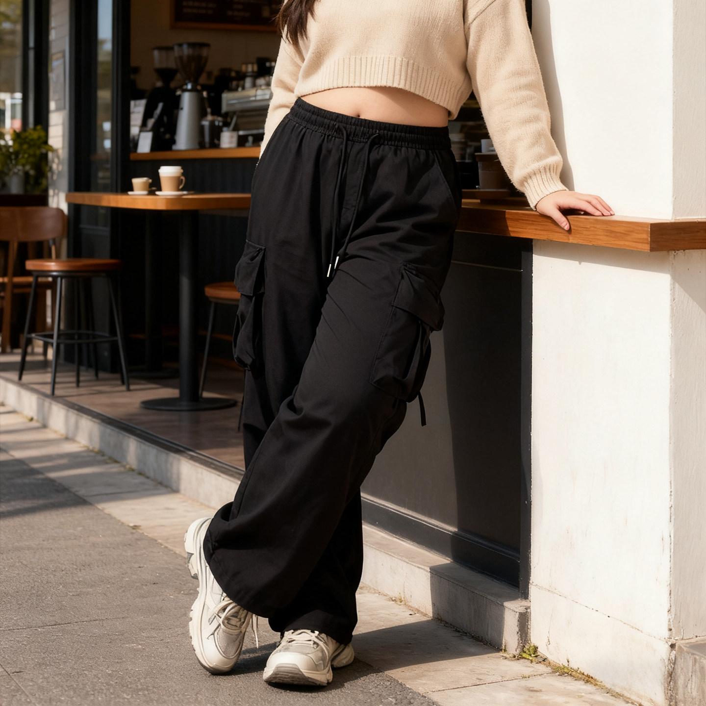 大码女装胖mm美式黑色多口袋阔腿工装裤女高腰宽松休闲垂感休闲裤,淘宝优惠券,粉丝福利购,淘宝优惠卷