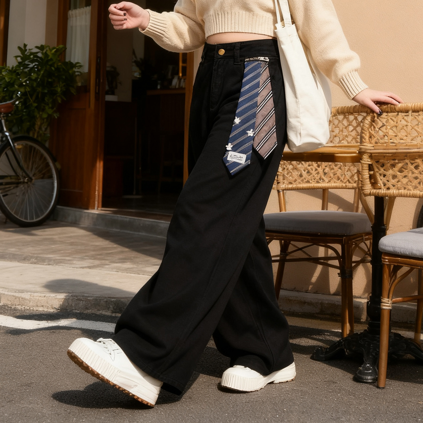 大码女装胖mm复古领带拼接弯刀阔腿裤女黑色显瘦宽松垂感工装裤子 - 图1