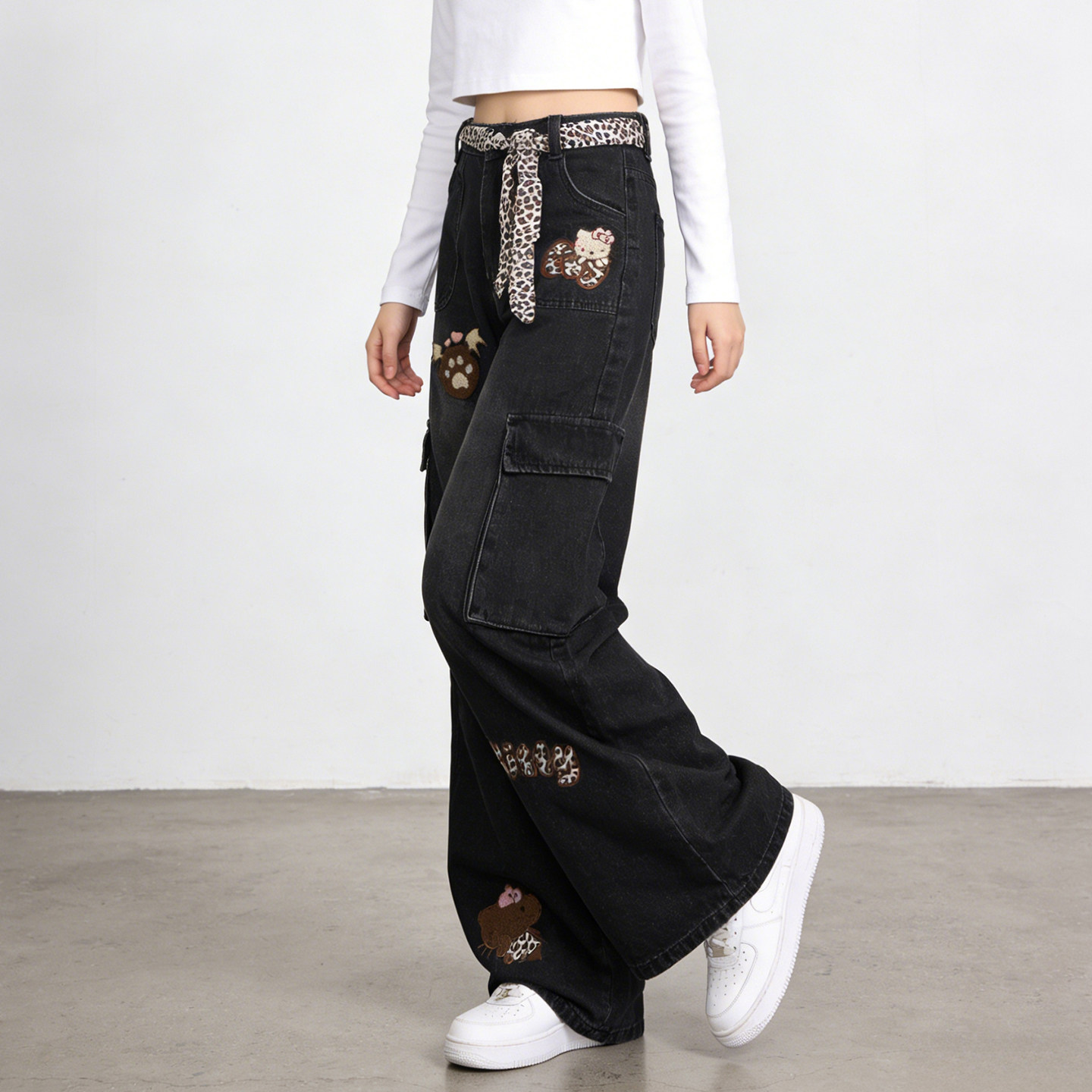 300斤大码胖mm春季复古豹纹刺绣阔腿牛仔裤女高腰显瘦直筒工装裤,淘宝优惠券,粉丝福利购,淘宝优惠卷