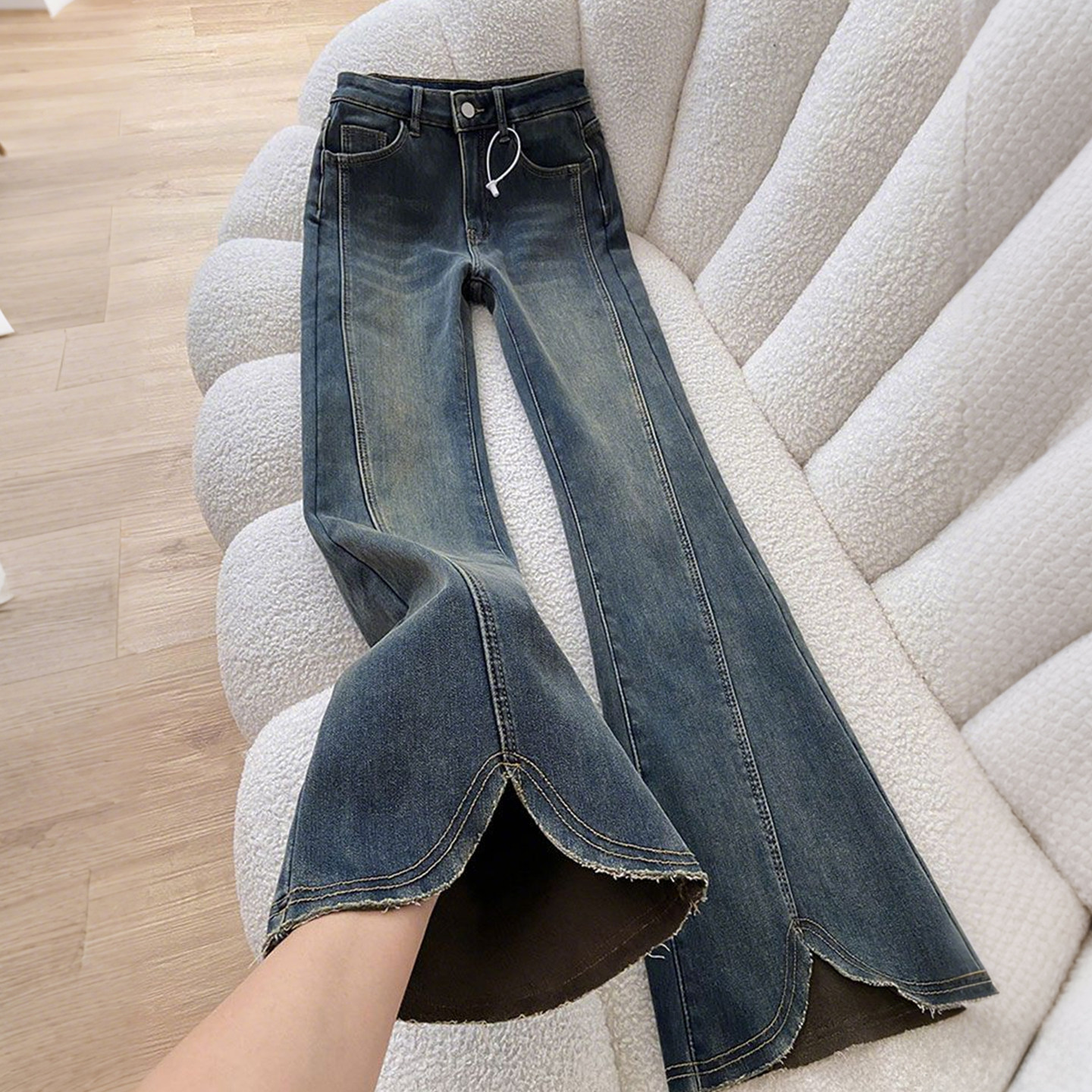 大码胖mm复古蓝毛边开叉微喇牛仔裤女冬季加绒加厚高腰喇叭阔腿裤,淘宝优惠券,粉丝福利购,淘宝优惠卷