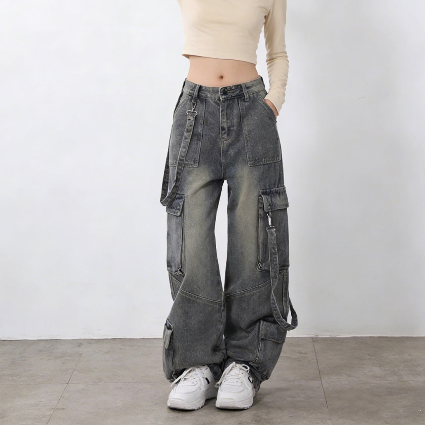 大码胖mm美式高街风复古阔腿牛仔裤女多口袋宽松做旧显瘦工装裤子,淘宝优惠券,粉丝福利购,淘宝优惠卷