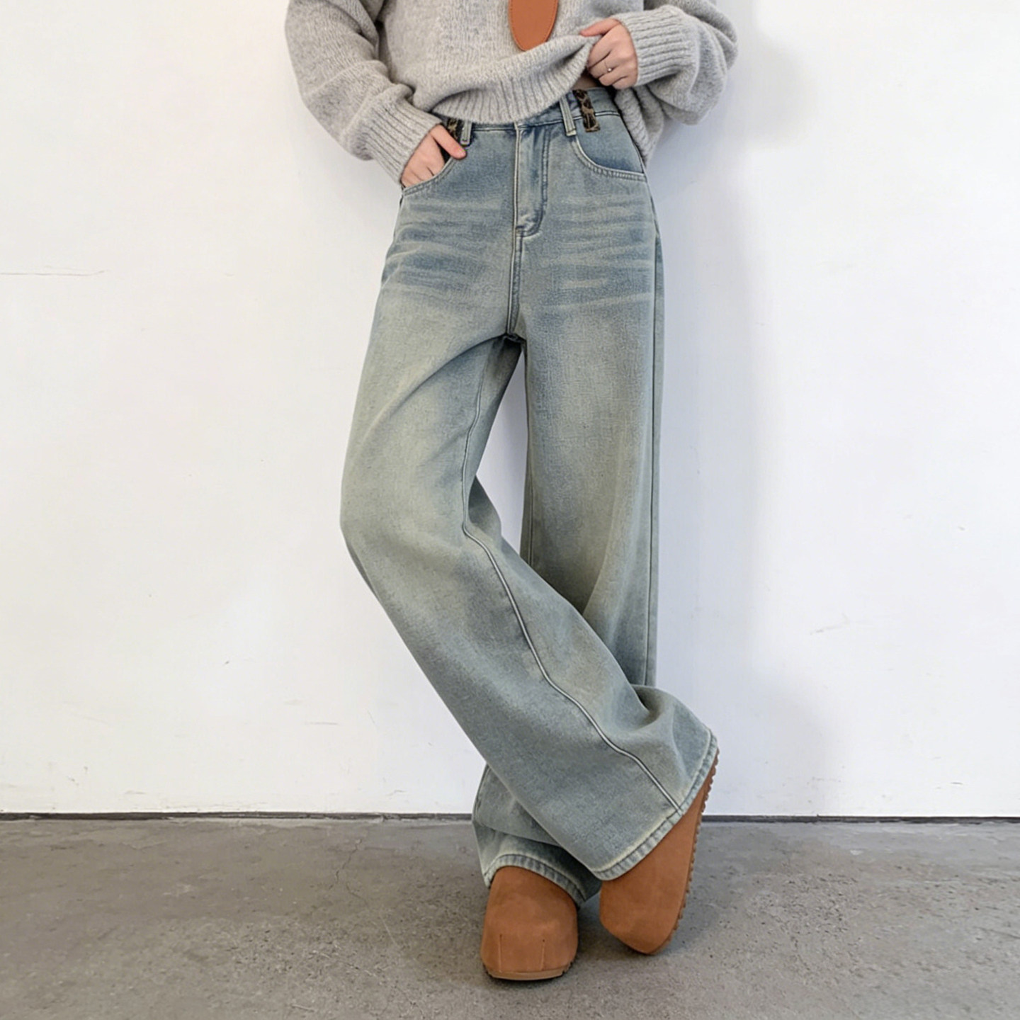 大码胖mm豹纹拼色高腰牛仔裤女冬季加绒加厚宽松阔腿直筒保暖裤子,淘宝优惠券,粉丝福利购,淘宝优惠卷