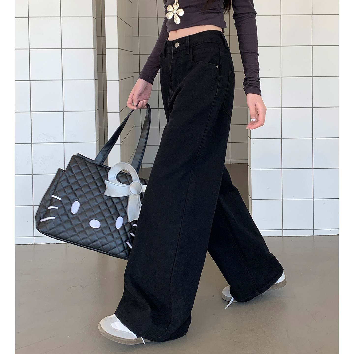 300斤胖mm大码美式复古黑色阔腿牛仔裤女高腰宽松直筒拖地长裤子,淘宝优惠券,粉丝福利购,淘宝优惠卷