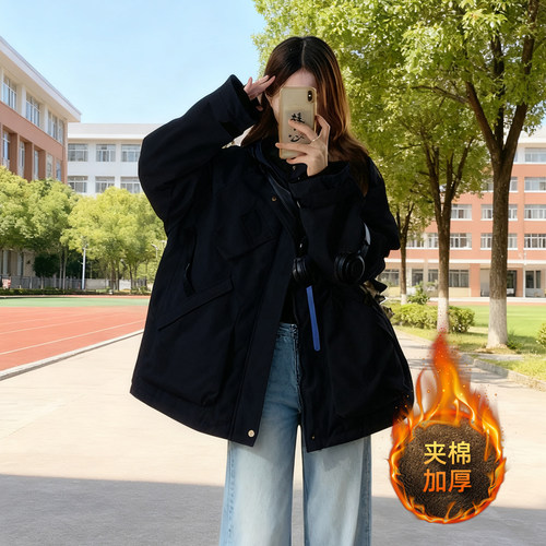 冬季大码胖mm工装连帽冲锋衣女夹棉加厚保暖宽松显瘦棉衣棉服外套 - 图0