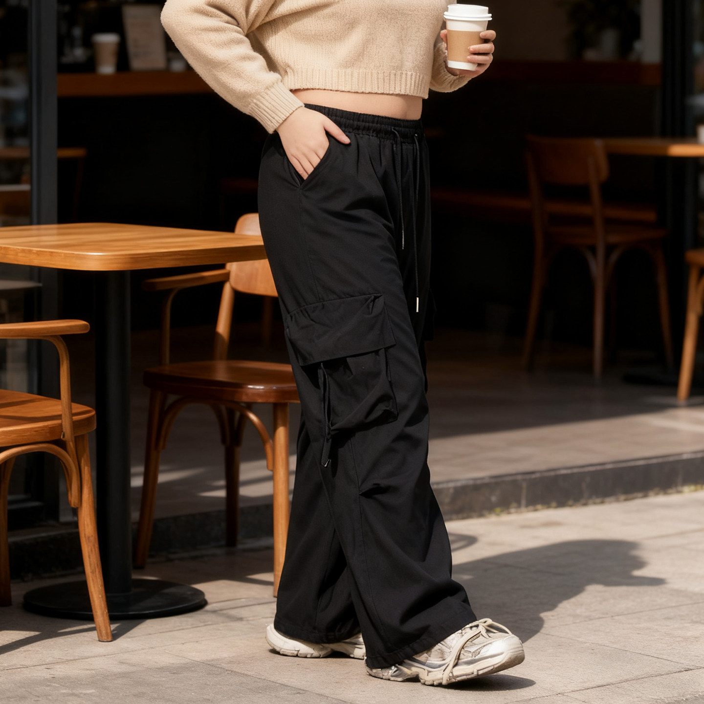 大码女装胖mm美式黑色多口袋阔腿工装裤女高腰宽松休闲垂感休闲裤,淘宝优惠券,粉丝福利购,淘宝优惠卷