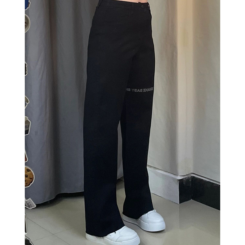 胖mm大码小个子高腰垂感字母刺绣牛仔裤女设计感直筒宽松阔腿长裤 - 图2