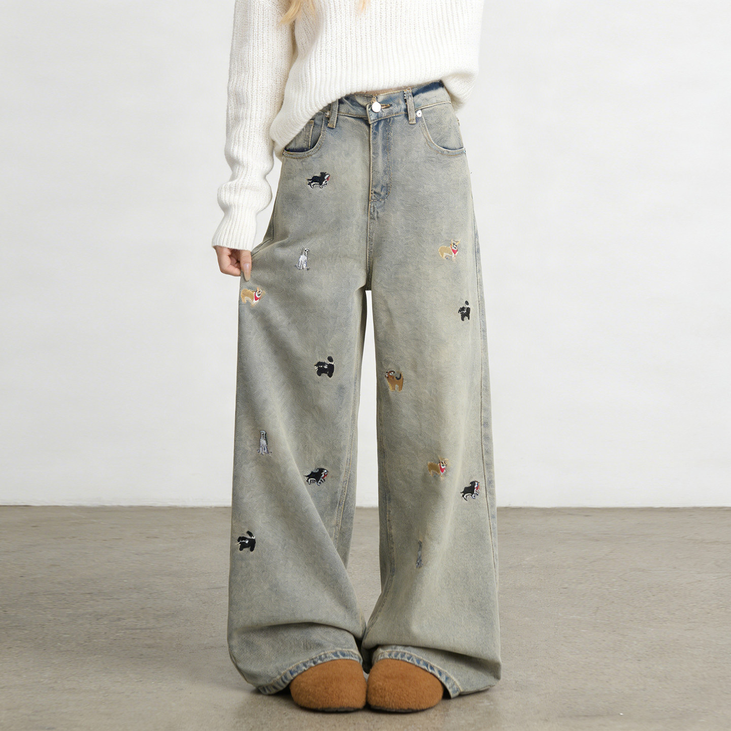 大码胖mm童趣卡通刺绣阔腿牛仔裤女加绒加厚可爱设计感保暖直筒裤,淘宝优惠券,粉丝福利购,淘宝优惠卷