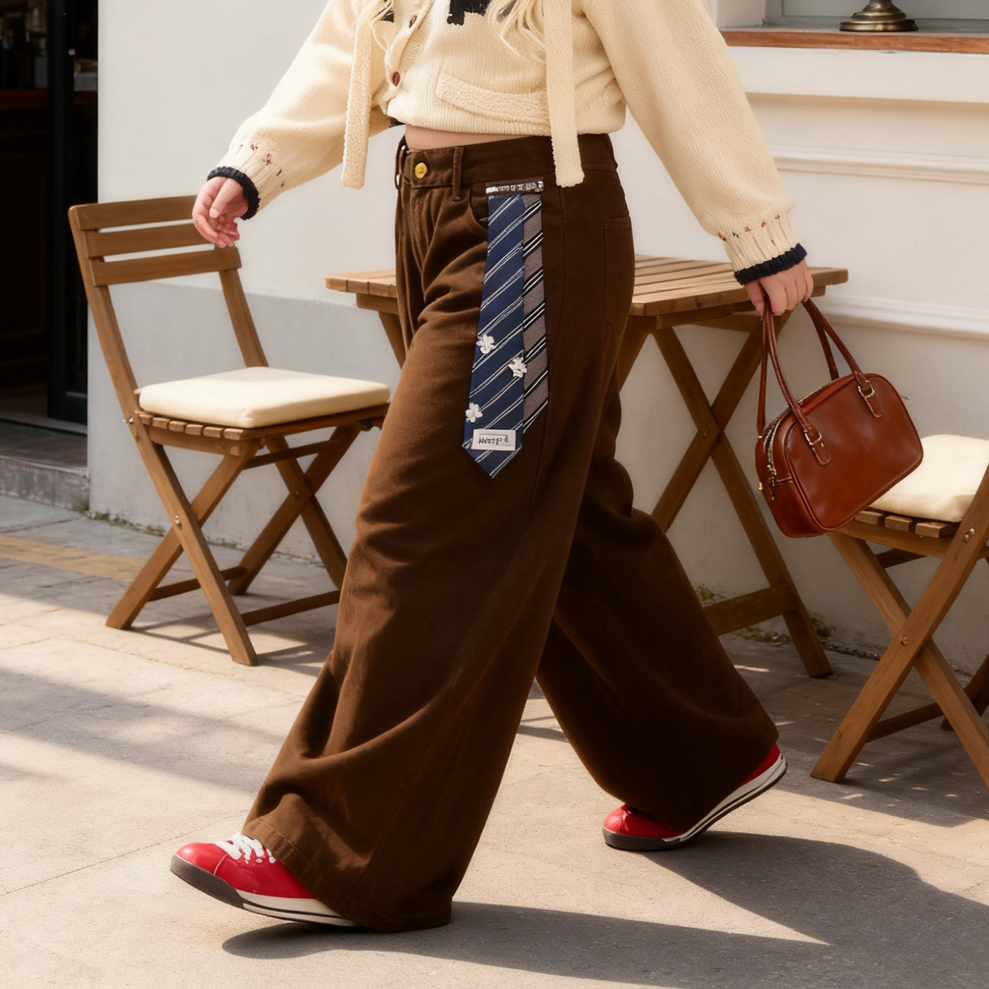 大码女装胖mm复古领带拼接弯刀阔腿裤女黑色显瘦宽松垂感工装裤子 - 图3