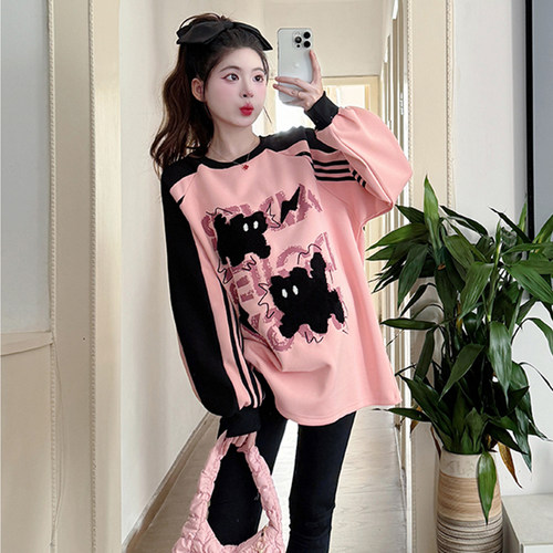 300斤胖mm大码慵懒风卡通刺绣长袖卫衣女秋季宽松设计感休闲上衣 - 图0