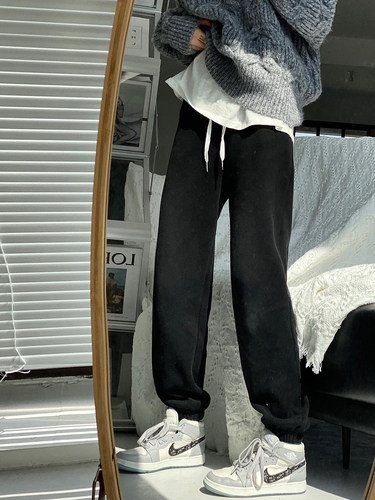 胖MM灰色运动裤女秋冬加绒加厚卫裤学生束脚休闲裤大码宽松哈伦裤 - 图1