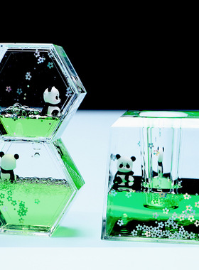 亚克力创意液体流沙油滴油漏桌面摆件解压笔插可爱绿色熊猫计时器