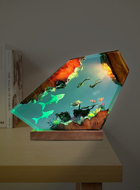 海底世界景观大白鲨鱼情侣潜水员大海龟沉船小夜灯氛围灯摆件礼物