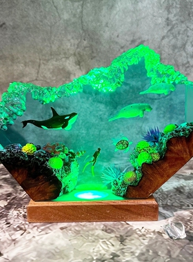 深海珊瑚虎鲸潜水员海牛小夜灯氛围灯实木树脂创意家居摆件礼物