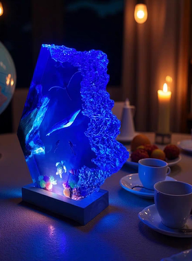 手作海底世界景观鲸鱼魔鬼鱼海龟潜水员树脂实木小夜灯氛围灯摆件