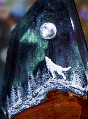星空下北极光雪狼啸月森林环氧树脂小夜灯床头灯氛围灯摆件礼物