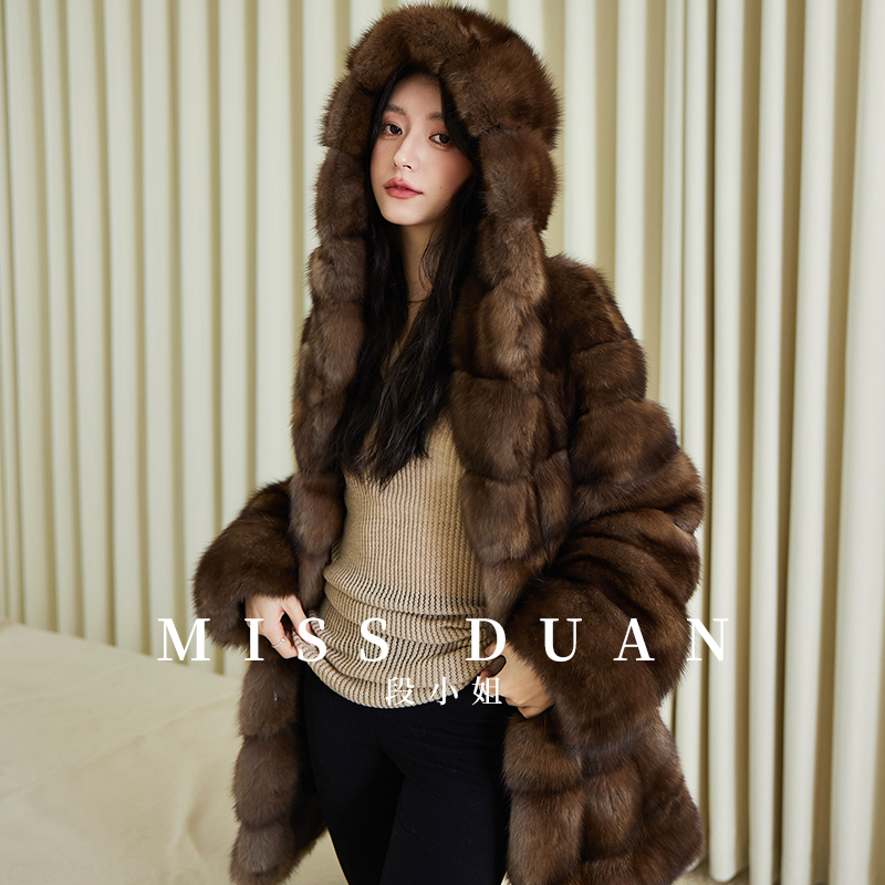 段小姐MISSDUAN俄罗斯满天星紫貂貂皮大衣女连帽横排皮草外套 - 图0