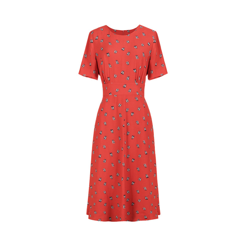 蓝玫瑰大码女装客供人丝色丁 红色高跟鞋圆领短袖收腰A字连衣裙,淘宝优惠券,粉丝福利购,淘宝优惠卷