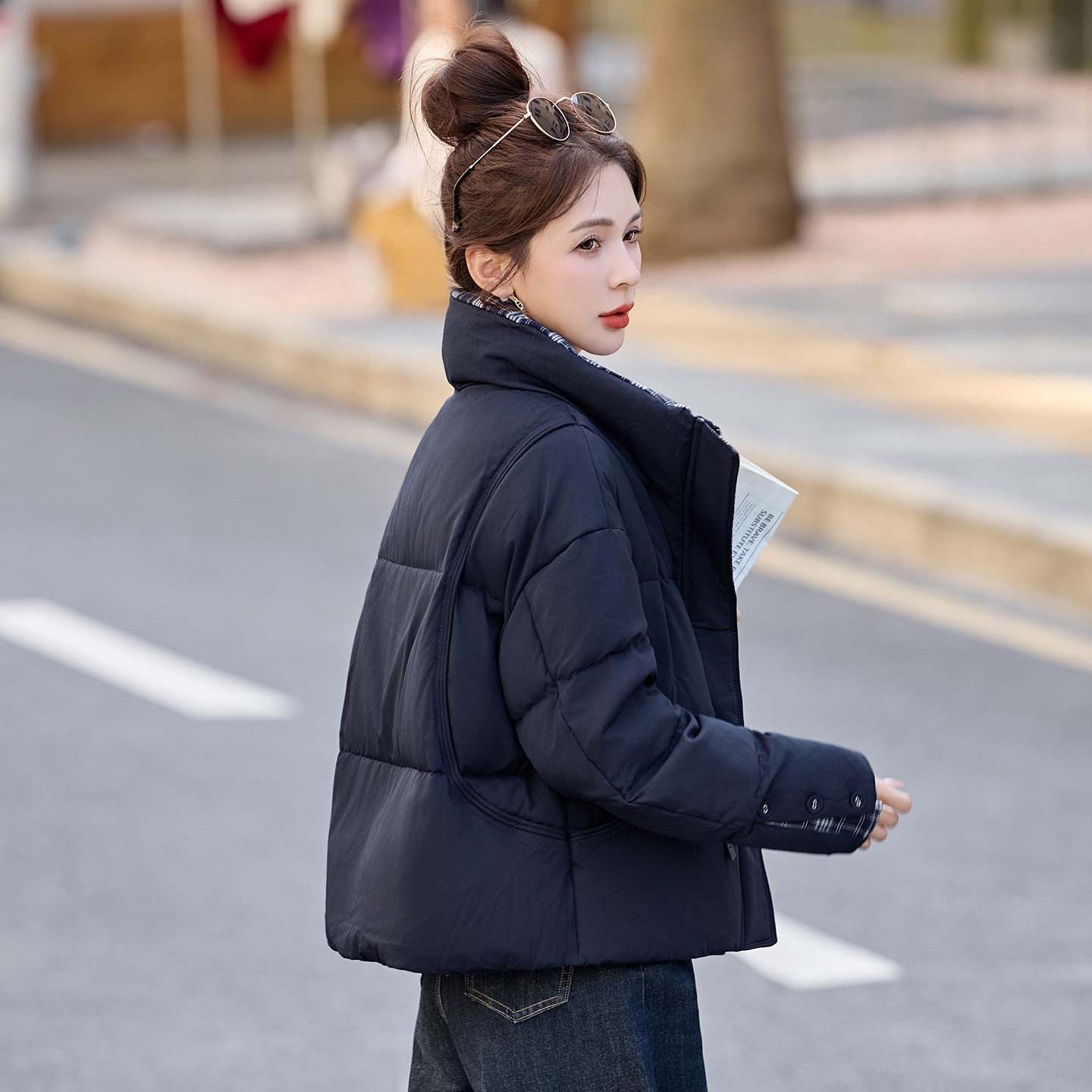 小个子撞色立领短款羽绒服女2025冬季新款时尚格子加厚白鸭绒外套,淘宝优惠券,粉丝福利购,淘宝优惠卷