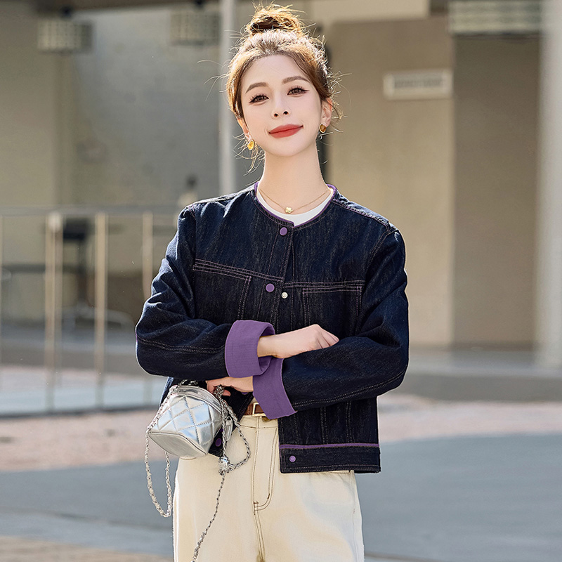 拼接撞色牛仔外套女装新款春季减龄高级感休闲短款气质小个子上衣 - 图1