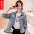 Pelf mùa thu denim áo khoác ngắn tay dài 2019 phiên bản mới của Hàn Quốc của áo sơ mi denim khâu da báo hoang dã - Áo khoác ngắn áo gió nữ Áo khoác ngắn