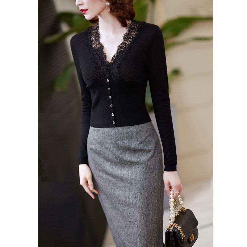 尘颜85支桑蚕丝精梳棉优雅蕾丝v领 尘颜毛针织衫