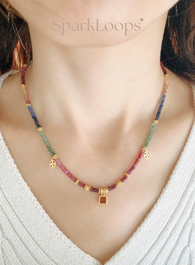 SparkLoops 婆罗门 9月生辰石进口彩蓝宝石碧玺托帕石项链/套组链