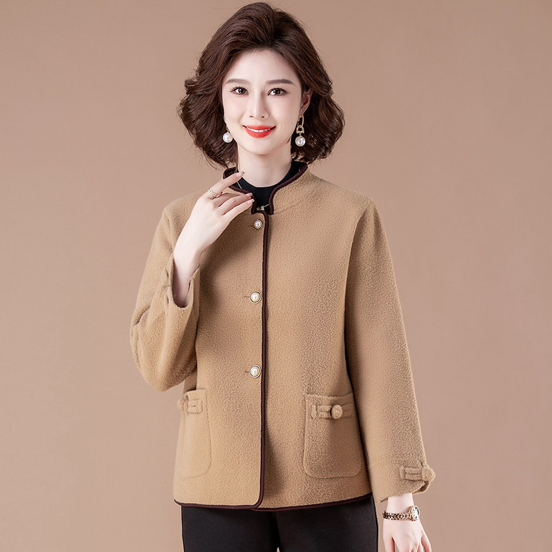 小个子妈妈春秋气质红色毛呢短款外套喜婆婆婚宴装加大码礼服上衣