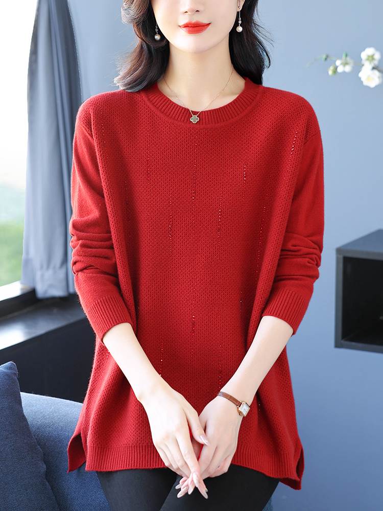 中年妈妈秋冬羊毛衫圆领毛衣女宽松加肥加大码遮肉上衣针织打底衫