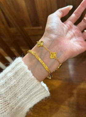 金店同款沙金仿真金尖头碎冰冰四叶花手链女款轻奢设计百搭手饰