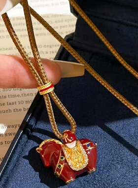 黄金色项链古法项链毛衣链锁骨链项链沙金珐琅彩滴柚小马吊坠沙金
