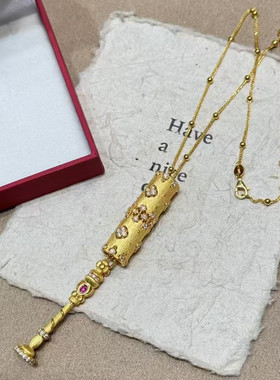 金店同款沙金仿真金镶钻拉丝金筒吊坠轻奢高级魔法棒权杖项链项坠