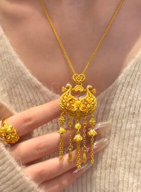 仿金沙金黄金色古法璎珞花锁包流苏项链毛衣链吊坠女轻奢锁骨链