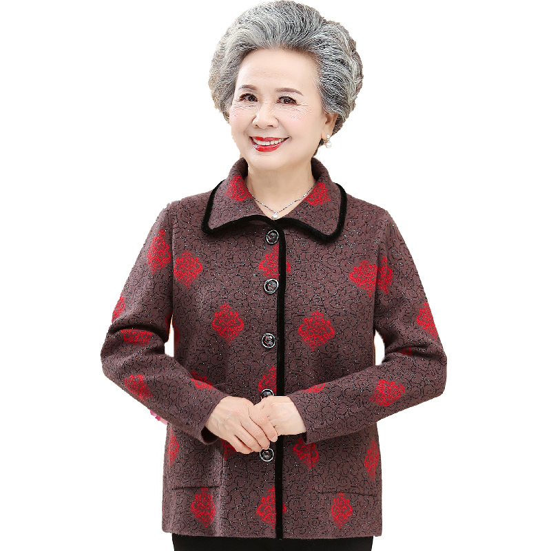 恒源祥羊绒服饰旗舰店恒源祥印花奶奶装中老年人女装大码妈妈装60-70岁宽松老太太外套3