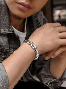 s925龙头手链潮男霸气个性潮人 复古男士龙骨街头手工手环镀纯银