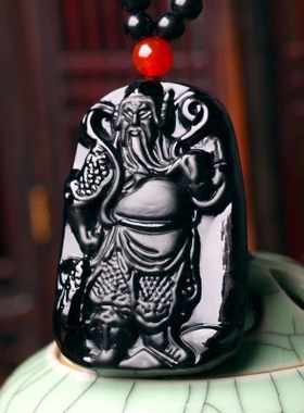精雕黑曜石武财神关公吊坠