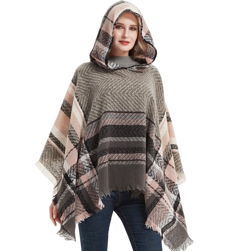 2025 New Women's Grid Color Block Hooded Travel Cape Shawl - 图1