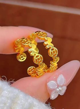 爆款黄金色沙金马上有钱小马铜钱戒指男女士马年生肖本命年马指环